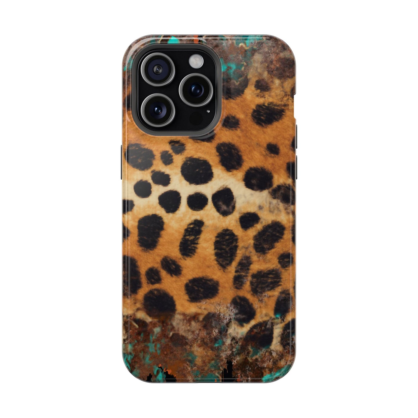 Rustic Leopard Print Tough MagSafe iPhone Case – Distressed Turquoise and Animal Pattern with Dual-Layer Protection