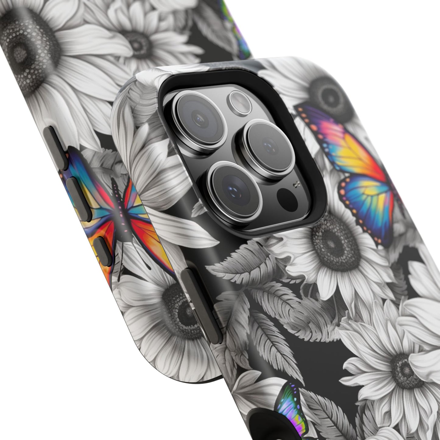 Rainbow Butterflies & Monochrome Sunflowers – MagSafe iPhone Case