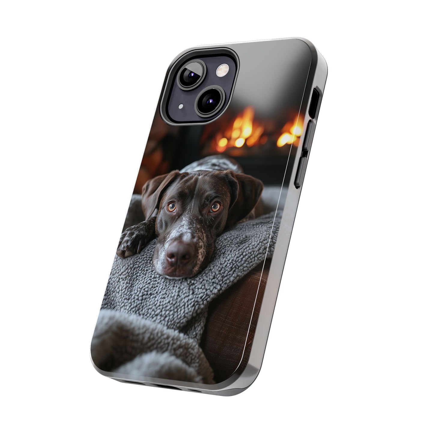 Cozy German Shorthaired Pointer iPhone Case – Rustic Fireplace Protective Cover