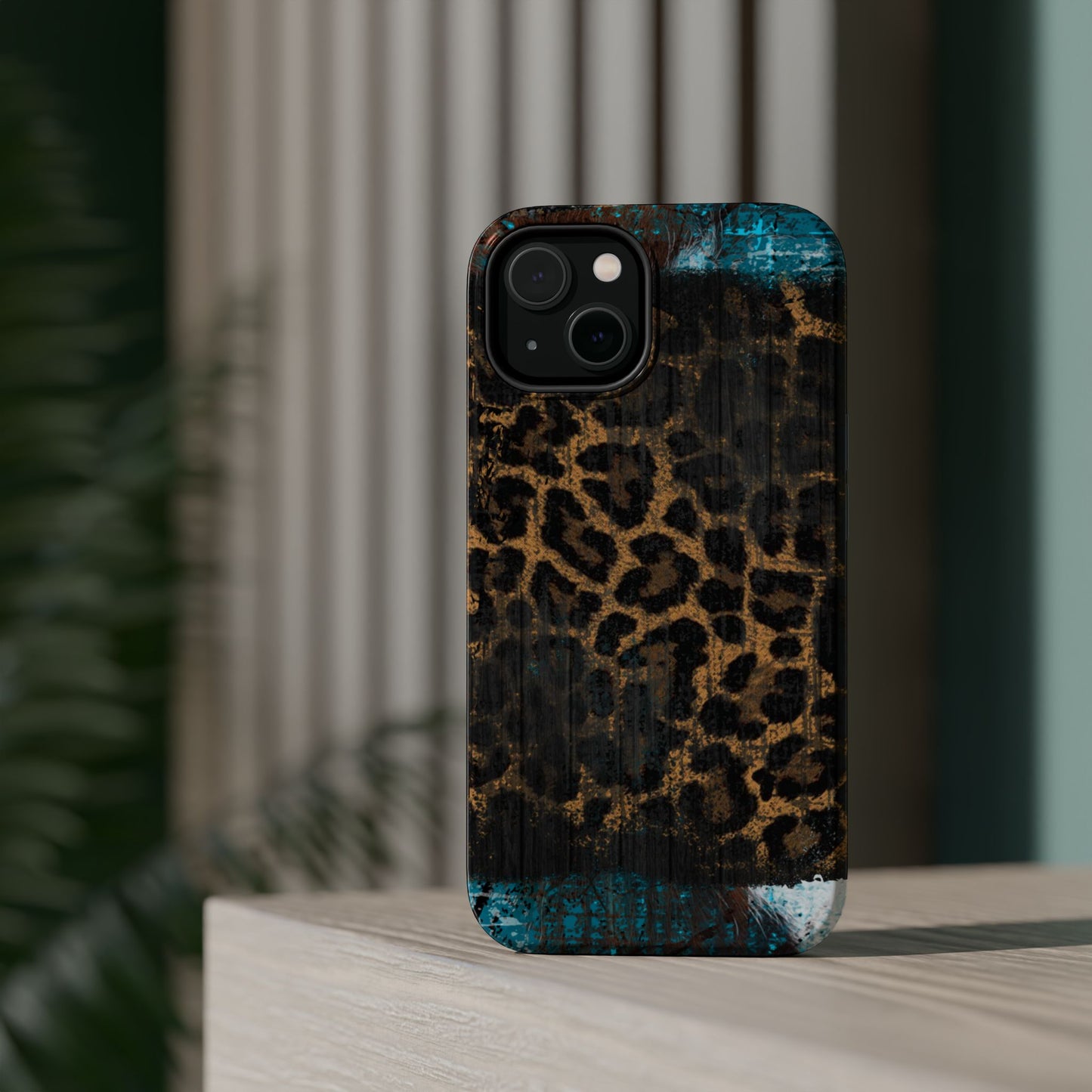 Boho Leopard and Turquoise Tough MagSafe iPhone Case – Rustic Western Design with Dual-Layer Protection