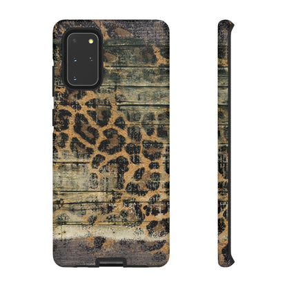 Rustic Wood and Leopard Print Tough Samsung Galaxy Case – Distressed Western Design with Dual-Layer Protection