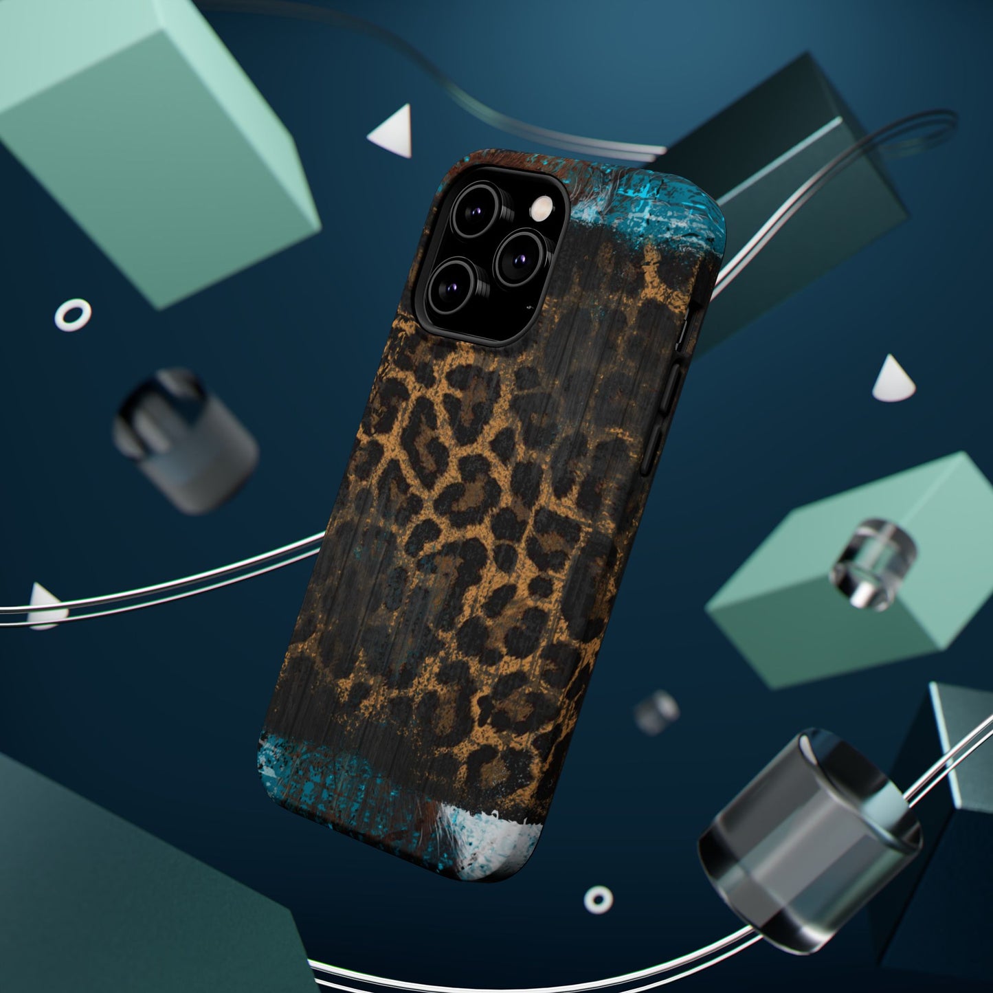 Boho Leopard and Turquoise Tough MagSafe iPhone Case – Rustic Western Design with Dual-Layer Protection