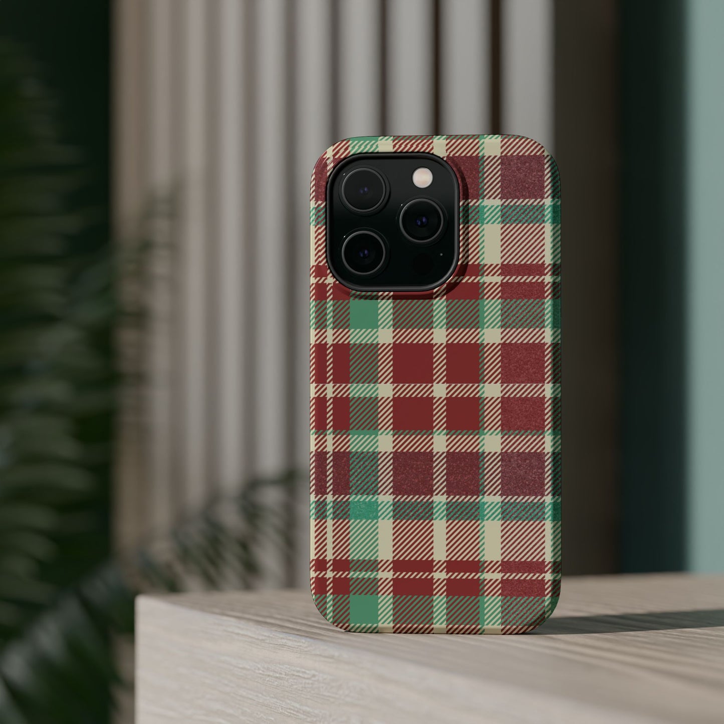 Retro Red & Cream Plaid – MagSafe iPhone Case with Classic Elegance