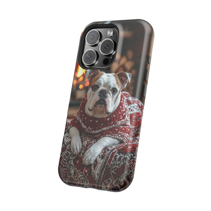 Cozy Bulldog in Sweater MagSafe iPhone Case – Festive Fireplace Protective Cover