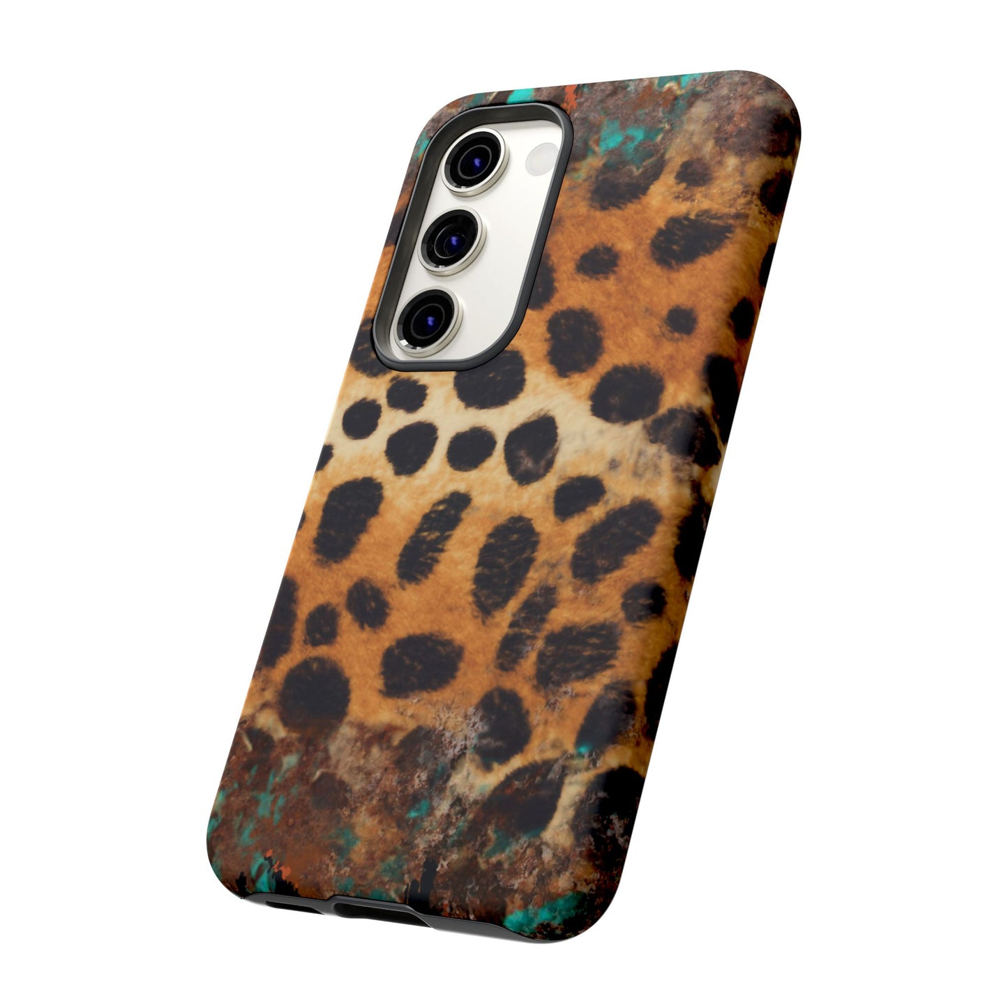 Rustic Leopard Print Tough Samsung Galaxy Case – Distressed Turquoise and Animal Pattern with Dual-Layer Protection