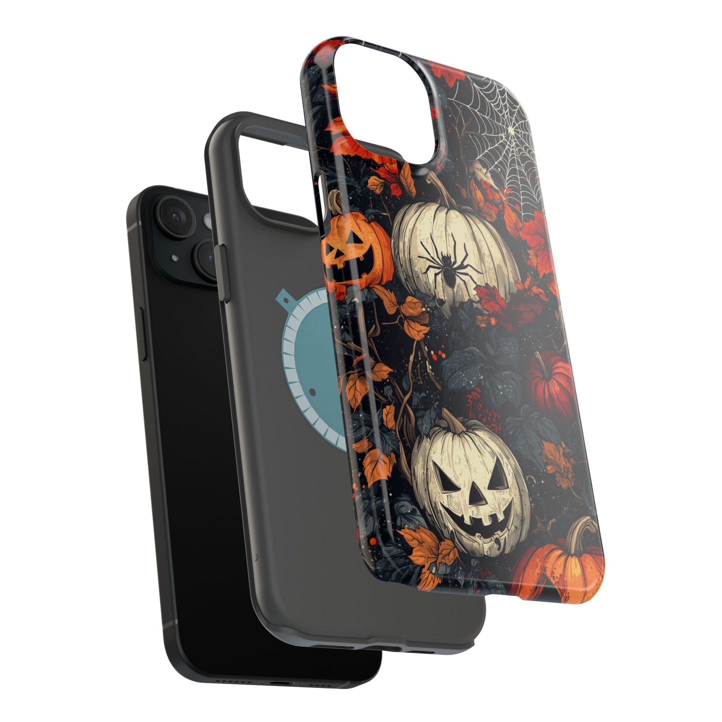 Hauntingly Elegant Halloween MagSafe iPhone Case – Pumpkins, Spiders, and Autumn Leaves Design