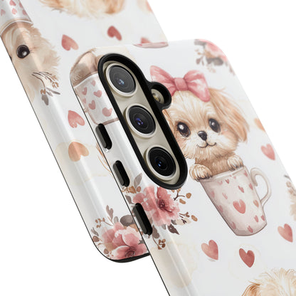 Cute Puppies in Heart Mugs Samsung Galaxy  Case – Adorable Dog & Floral Design, Shockproof & Slim