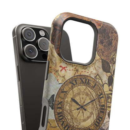 Steampunk Vintage Adventure MagSafe iPhone Case – Dual-Layer Protection with Antique Map and Clock Design