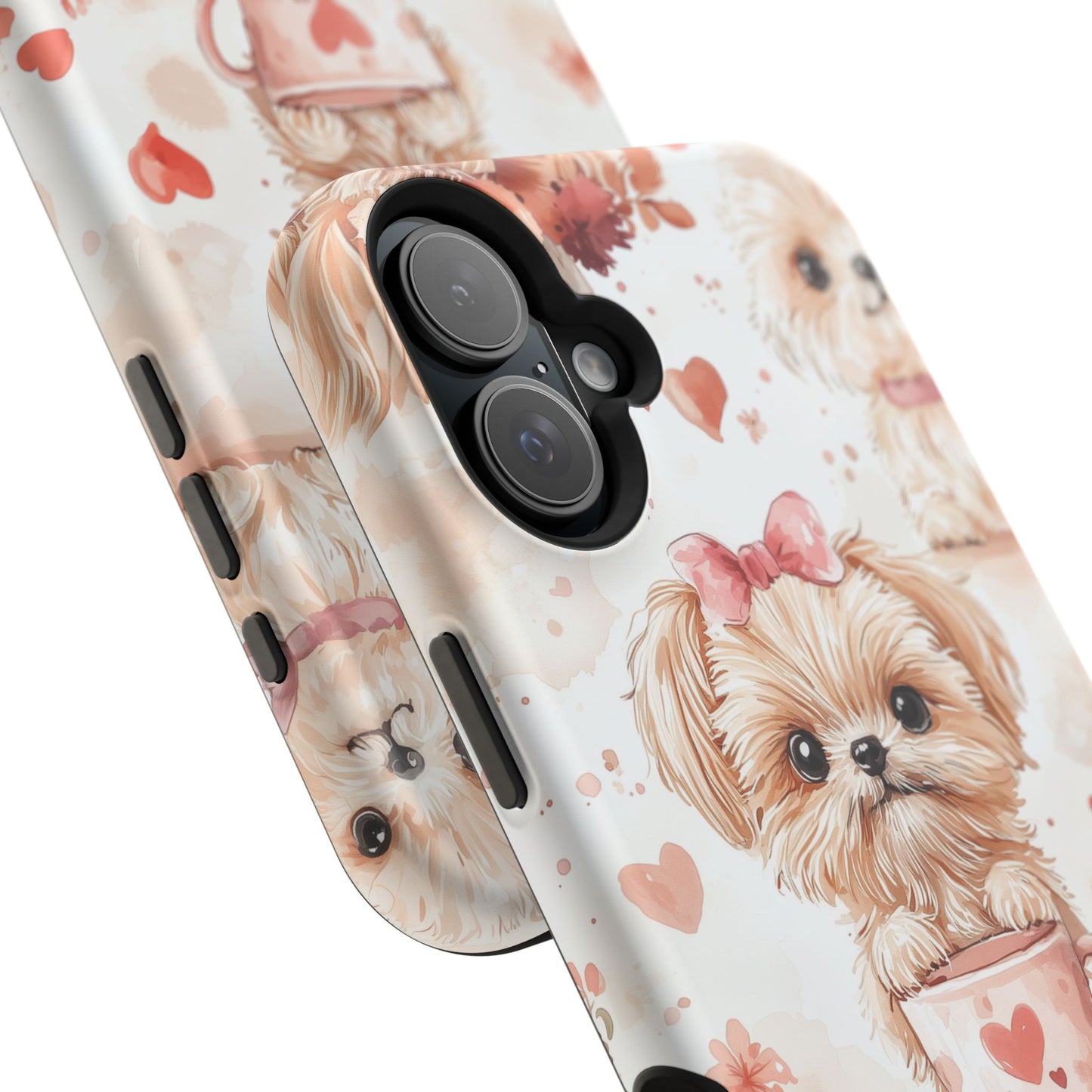 Puppies & Heart Mugs MagSafe iPhone Case – Sweet Dog & Floral Design, Shockproof & Slim