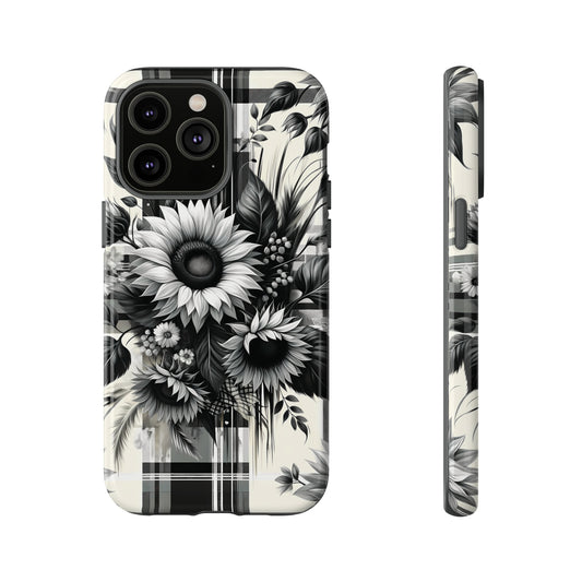 Black Sunflower Phone Case - Monochrome Meadow - Black & White Sunflower Plaid Phone Cover for iPhone, Samsung, and Google Series Phones!