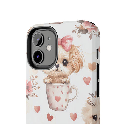 Cute Puppies in Heart Mugs iPhone Case – Adorable Dog & Floral Design, Shockproof & Slim - BOGO Cases