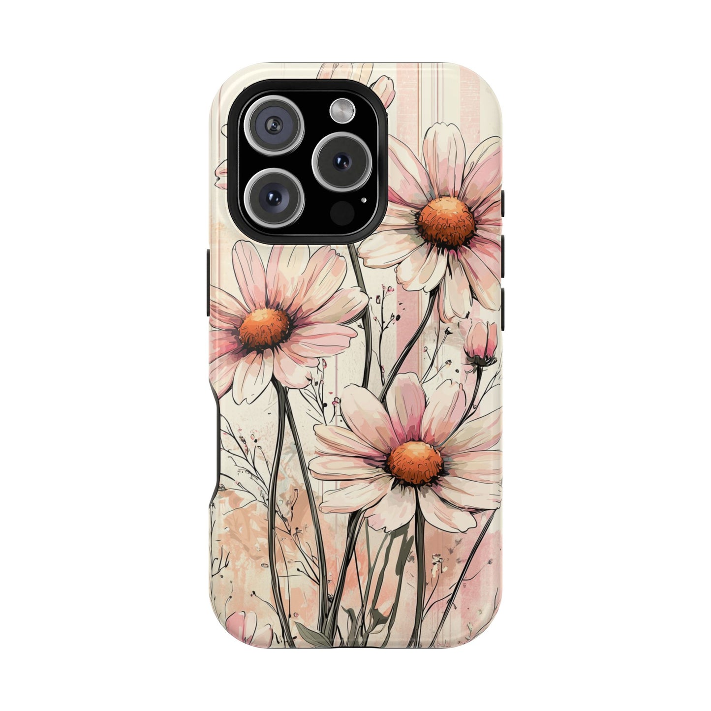 Pastel Pink Daisy MagSafe iPhone Case - Elegant Floral Plaid Protective Cover