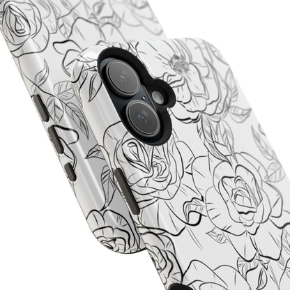 Monochrome Rose Garden Tough MagSafe iPhone Case – Elegant Floral Line Art with Dual-Layer Protection