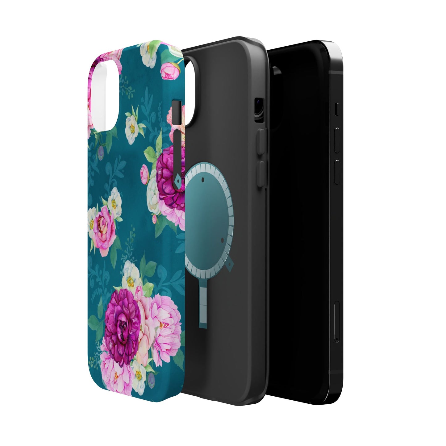 Elegant Peony Bouquet MagSafe iPhone Case – Deep Teal Background with Romantic Floral Design