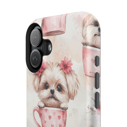 Floral Puppy in Teacup MagSafe iPhone Case – Cute Pink Flower Design, Tough Dual-Layer Protection