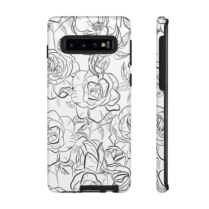 Monochrome Rose Garden Tough Samsung Galaxy Case – Elegant Floral Line Art with Dual-Layer Protection