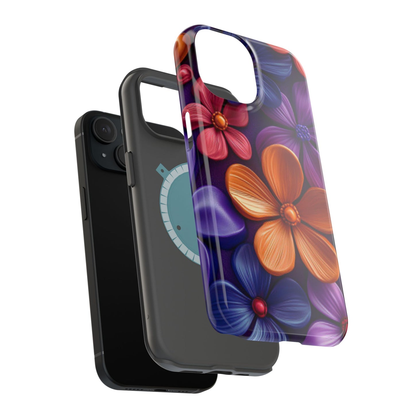 Bold Floral 3D MagSafe iPhone Case – Vivid Purple and Orange Flower Design, Shock-Resistant