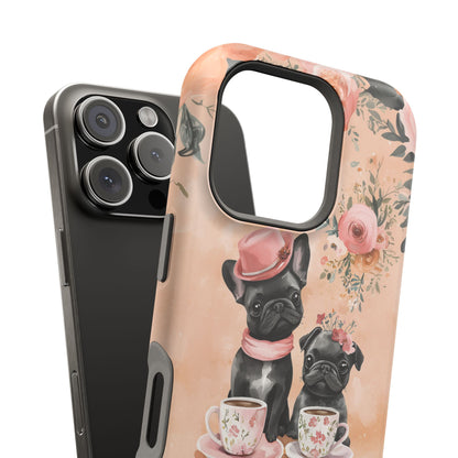 Floral French Bulldogs MagSafe iPhone Case – Elegant Dog Design with Tea Cups & Roses, Shockproof Protection