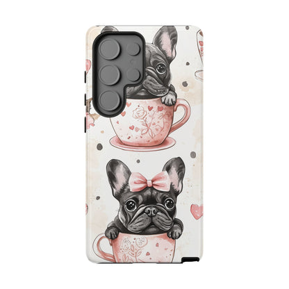 French Bulldogs in Teacups Samsung Galaxy Case – Cute Dog Design with Hearts & Bows, Shockproof & Slim