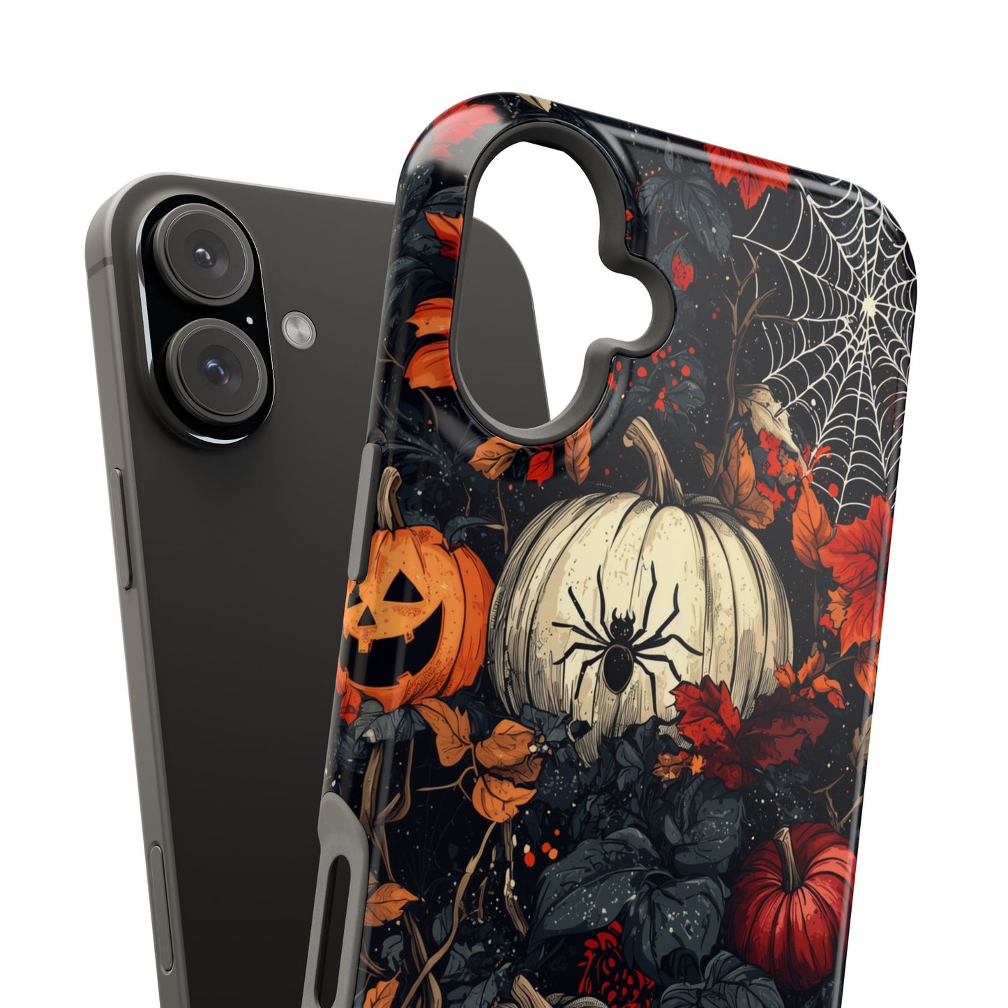 Hauntingly Elegant Halloween MagSafe iPhone Case – Pumpkins, Spiders, and Autumn Leaves Design