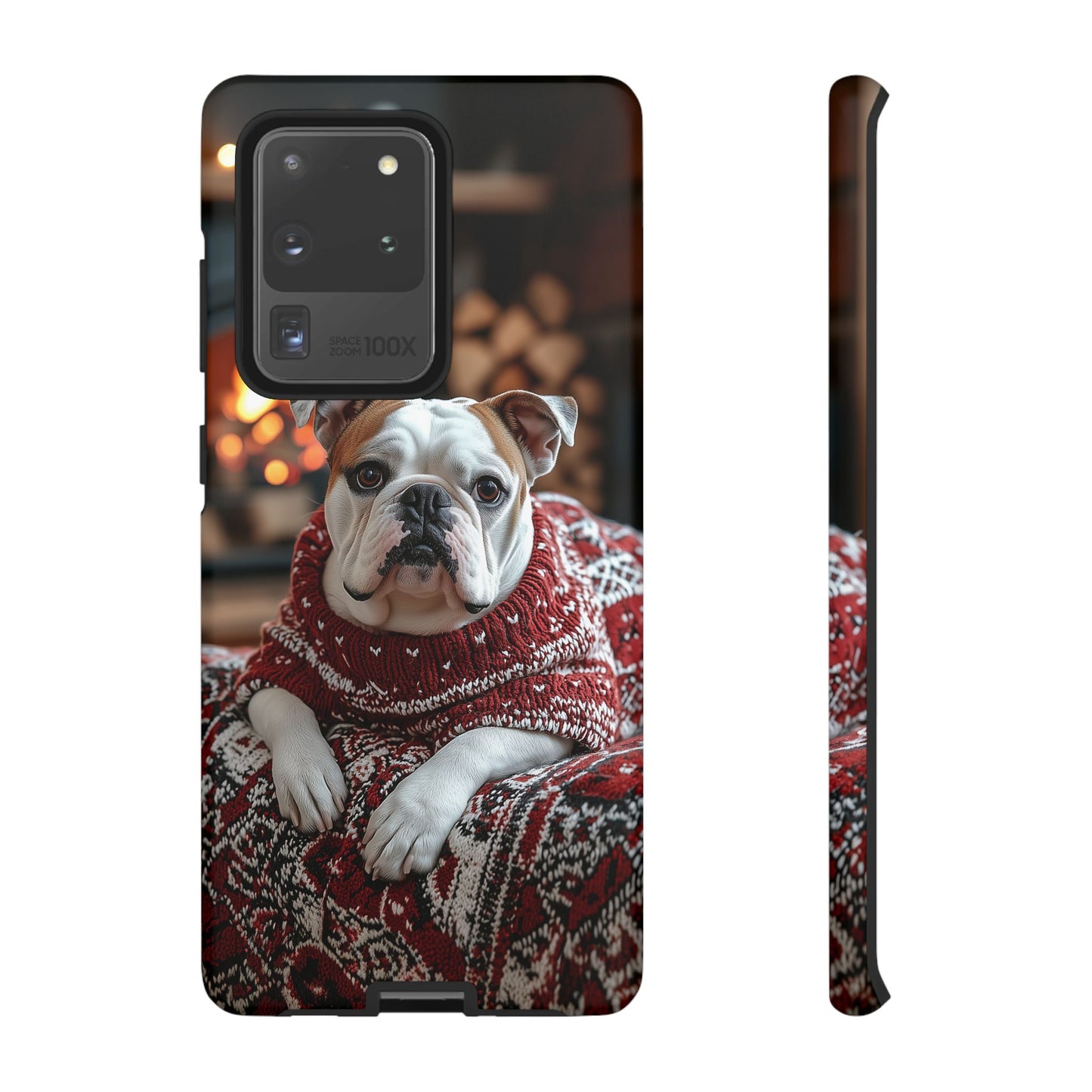 Cozy Bulldog in Sweater Samsung Galaxy Case – Festive Fireplace Protective Cove