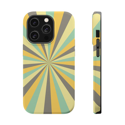 Vintage Sunburst Rays MagSafe iPhone Case – Bold 70s-Inspired Burst in Yellow, Mint, and Gray