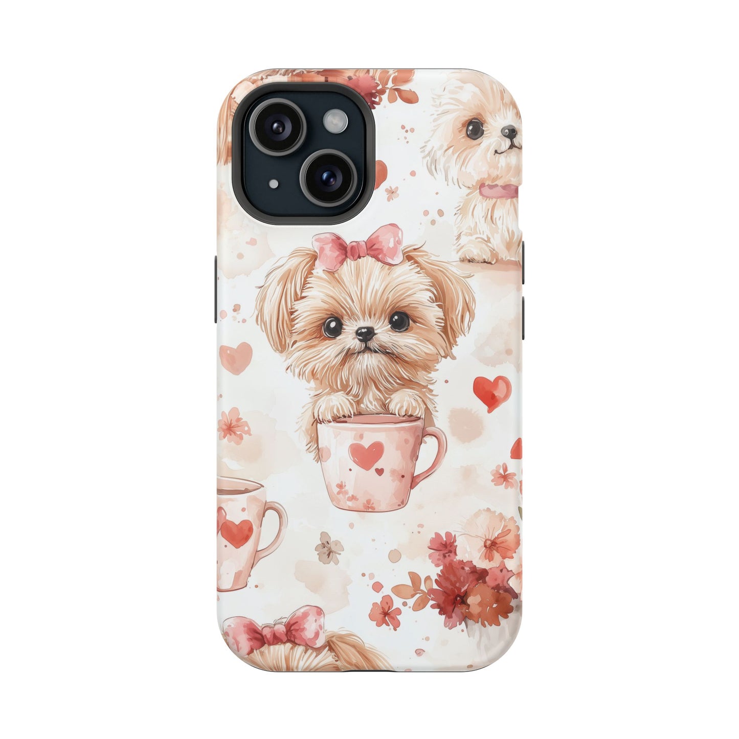 Puppies & Heart Mugs MagSafe iPhone Case – Sweet Dog & Floral Design, Shockproof & Slim