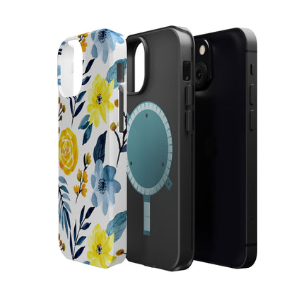 Golden Yellow & Sky Blue Floral – Watercolor Botanical MagSafe iPhone Case