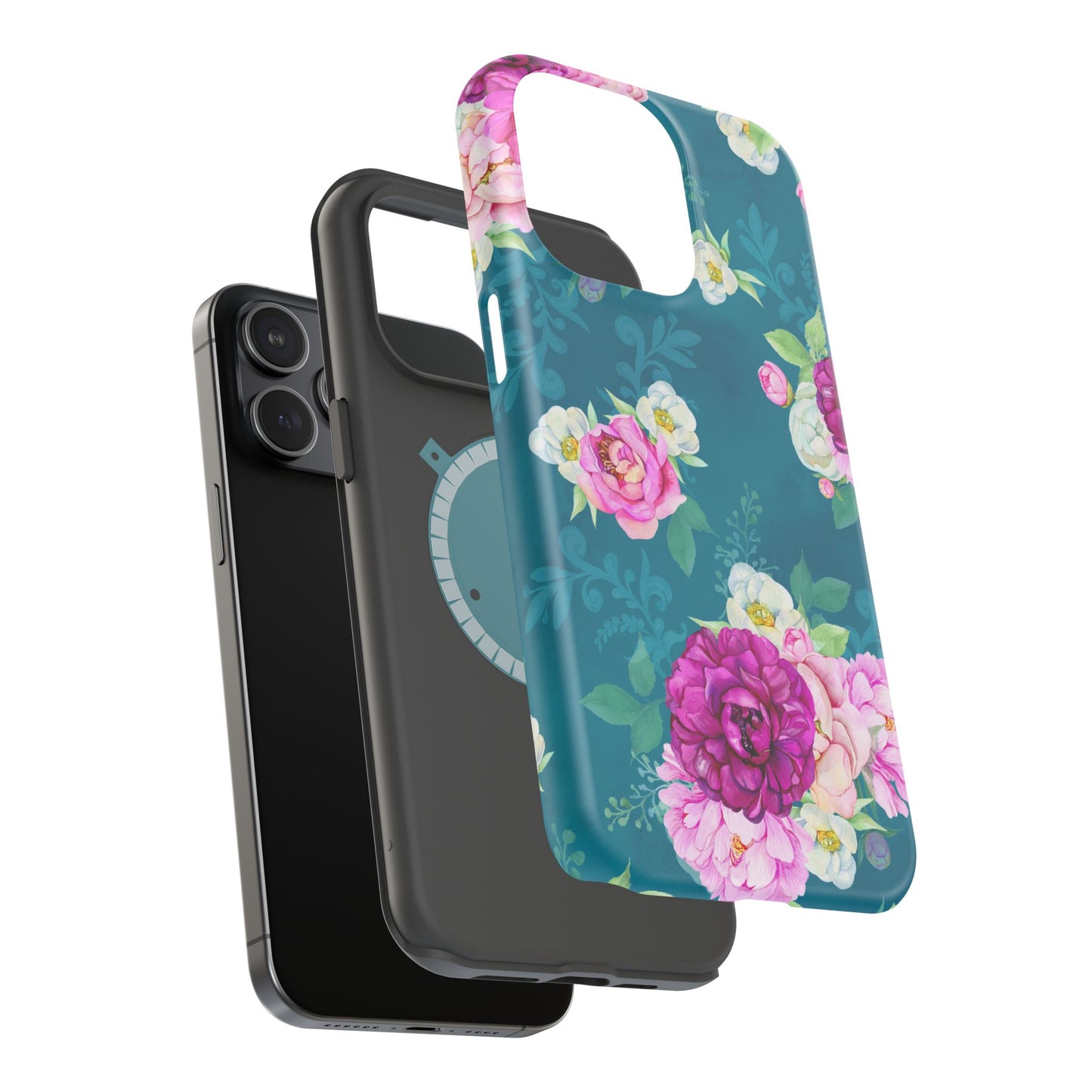 Elegant Peony Bouquet MagSafe iPhone Case – Deep Teal Background with Romantic Floral Design