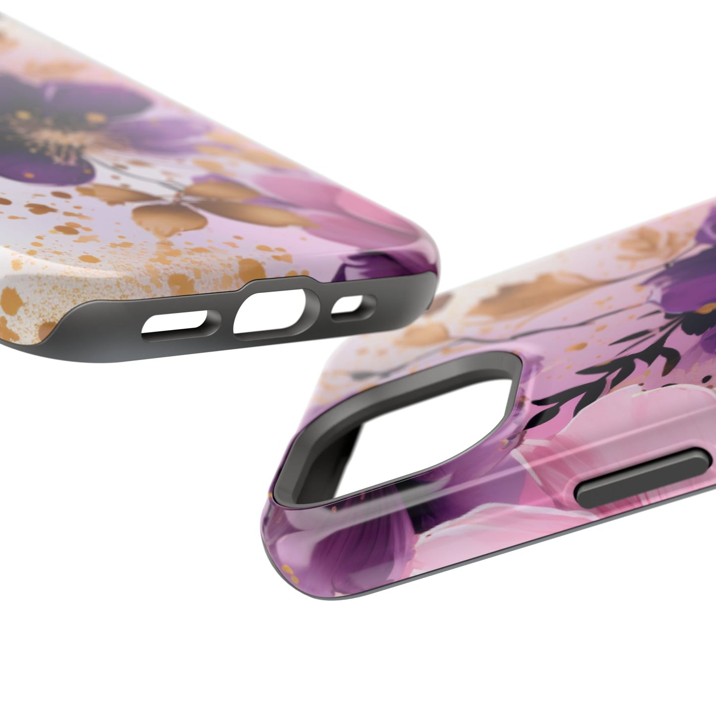 Elegant Purple & Gold Floral MagSafe iPhone Case - Luxe Flower Design