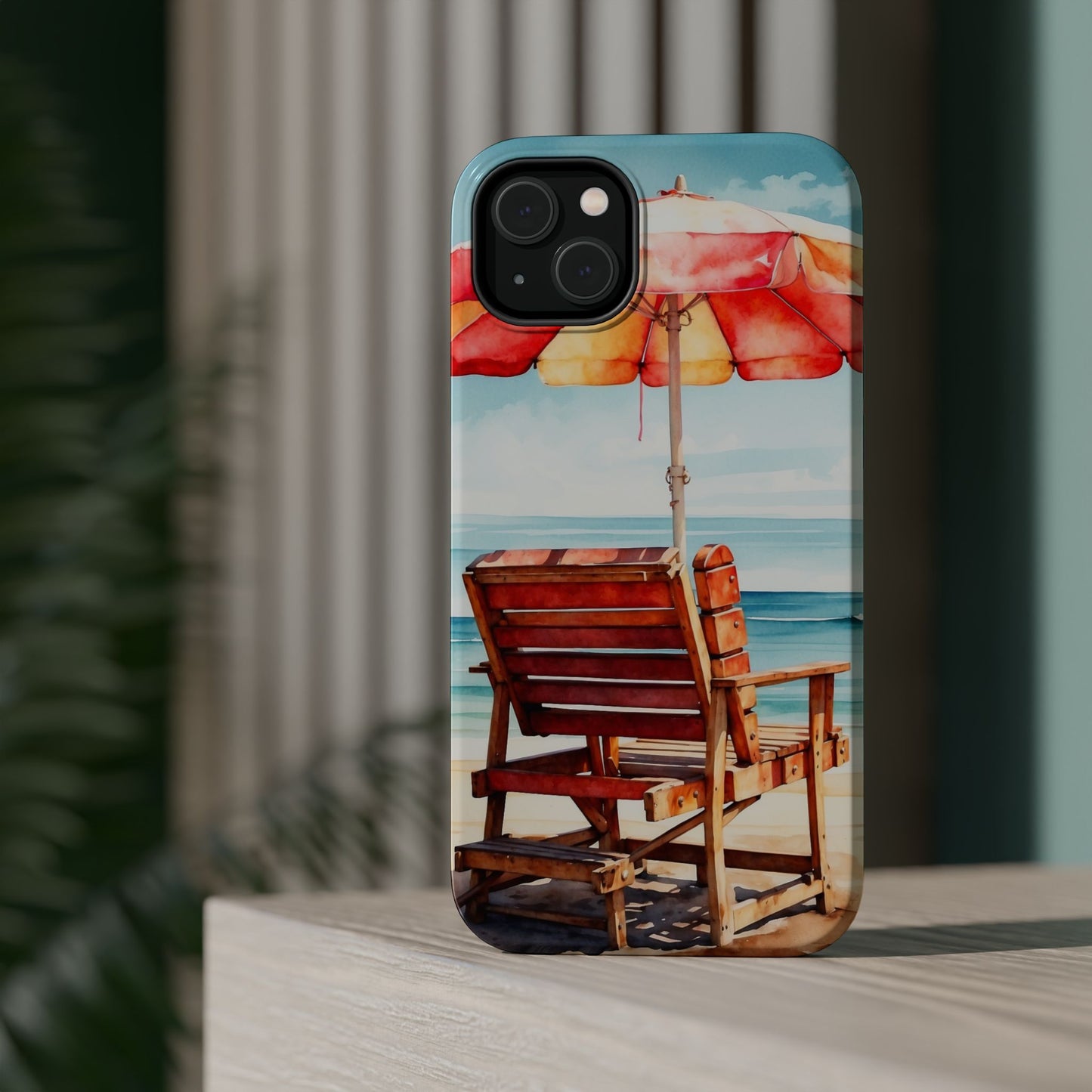 Beachfront Sunset Lounge MagSafe iPhone Case – Vibrant Watercolor Design