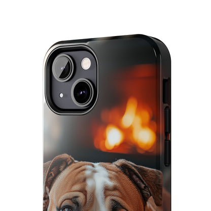 Cozy Bulldog iPhone Case – Fireside-Inspired Protective Cover Description: