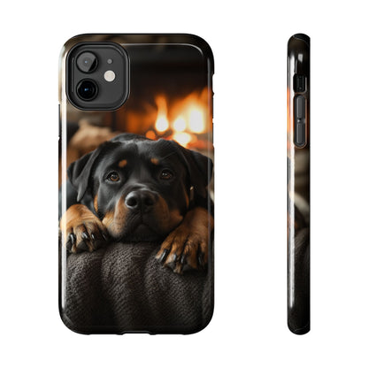 Cozy Rottweiler by the Fireplace iPhone Case – Warm Rustic Design