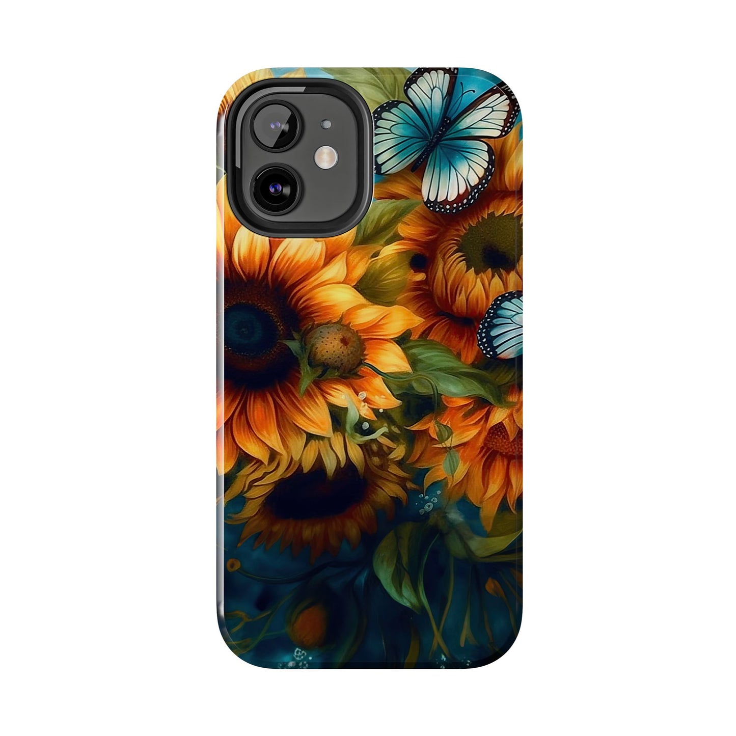 Aqua Blue Butterfly & Sunflower Art – iPhone Case