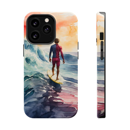 Surfer’s Sunset Wave MagSafe iPhone Case – Vibrant Watercolor Design