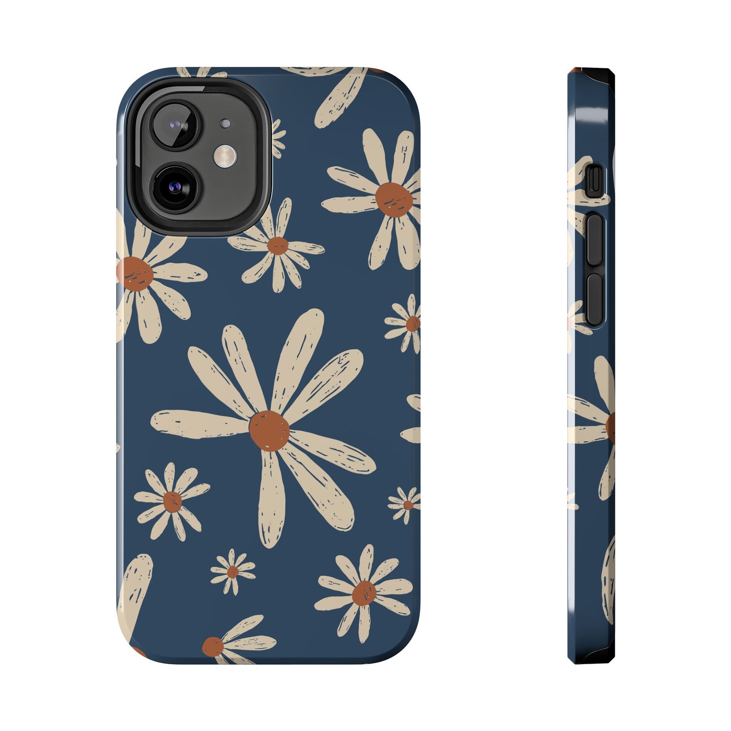 Vintage Daisies iPhone Case – Navy Blue Floral Design, Scratch - Resistant with Shock - Absorbing Bumper - BOGO Cases