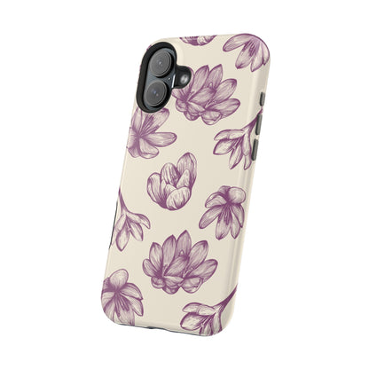 Vintage Botanical Floral Tough MagSafe iPhone Case – Hand-Drawn Purple Flowers, Shockproof Design