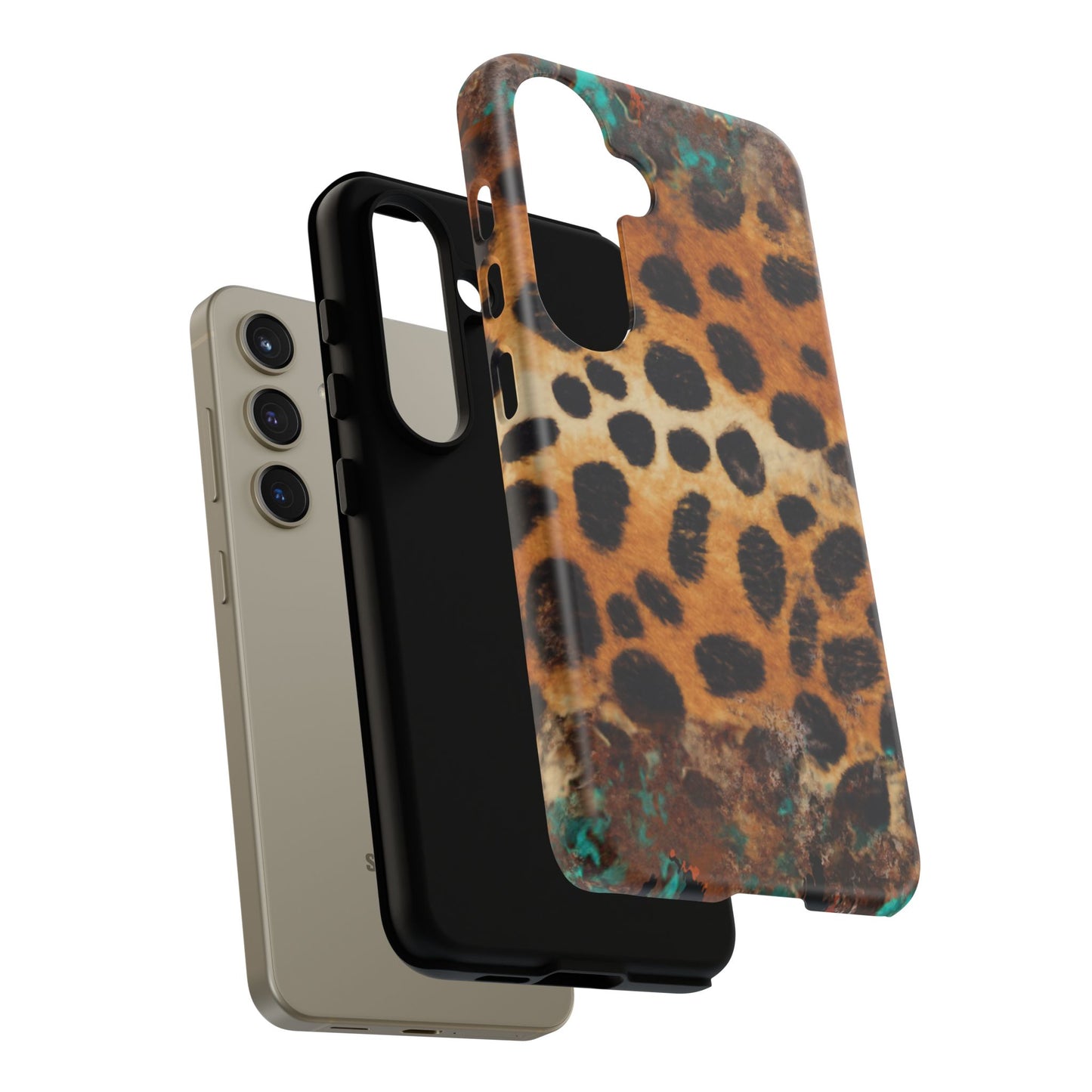 Rustic Leopard Print Tough Samsung Galaxy Case – Distressed Turquoise and Animal Pattern with Dual-Layer Protection