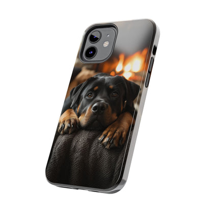 Cozy Rottweiler by the Fireplace iPhone Case – Warm Rustic Design