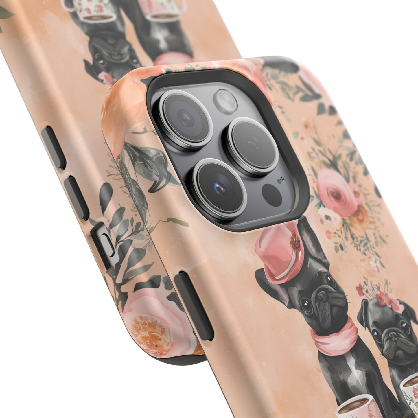 Floral French Bulldogs MagSafe iPhone Case – Elegant Dog Design with Tea Cups & Roses, Shockproof Protection