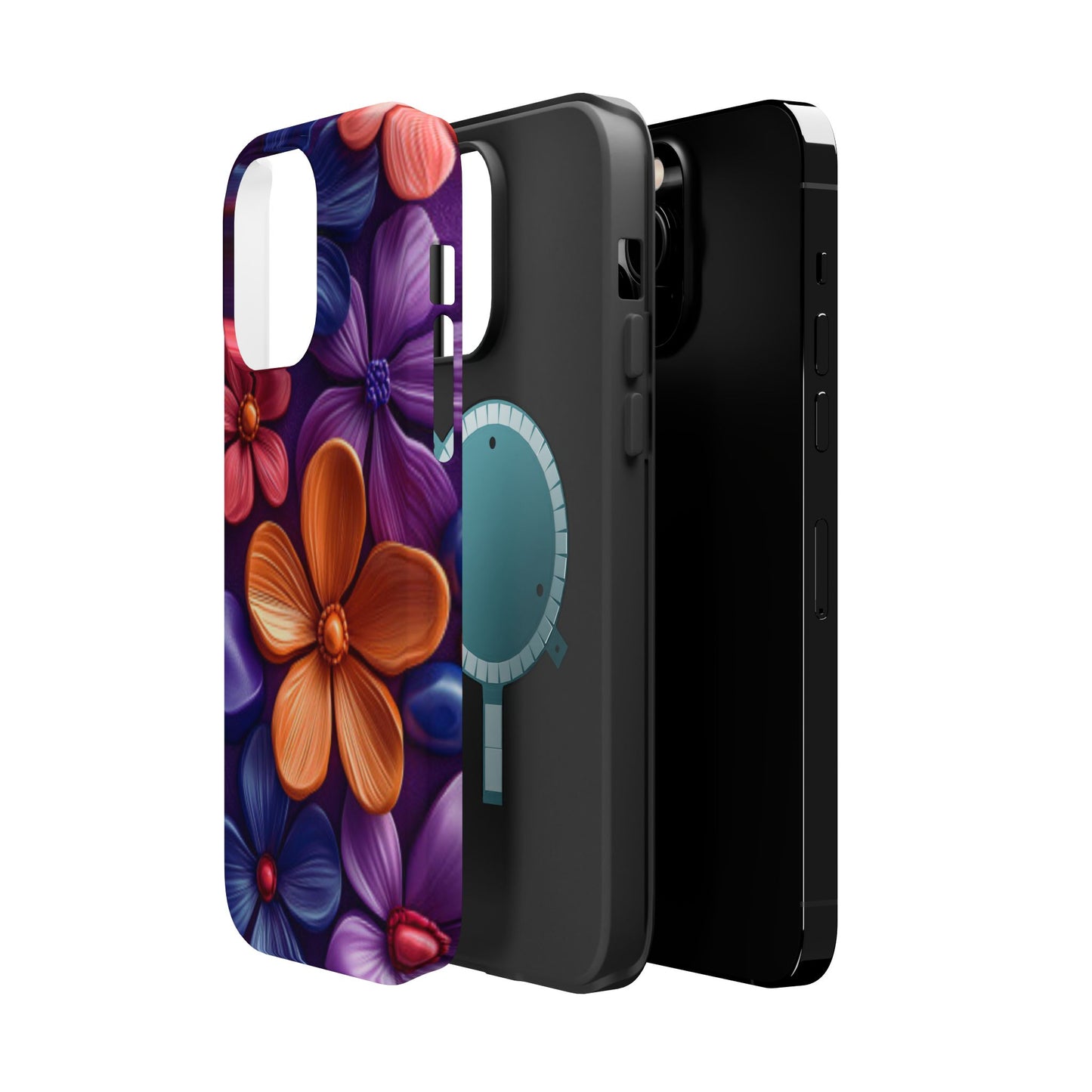 Bold Floral 3D MagSafe iPhone Case – Vivid Purple and Orange Flower Design, Shock-Resistant