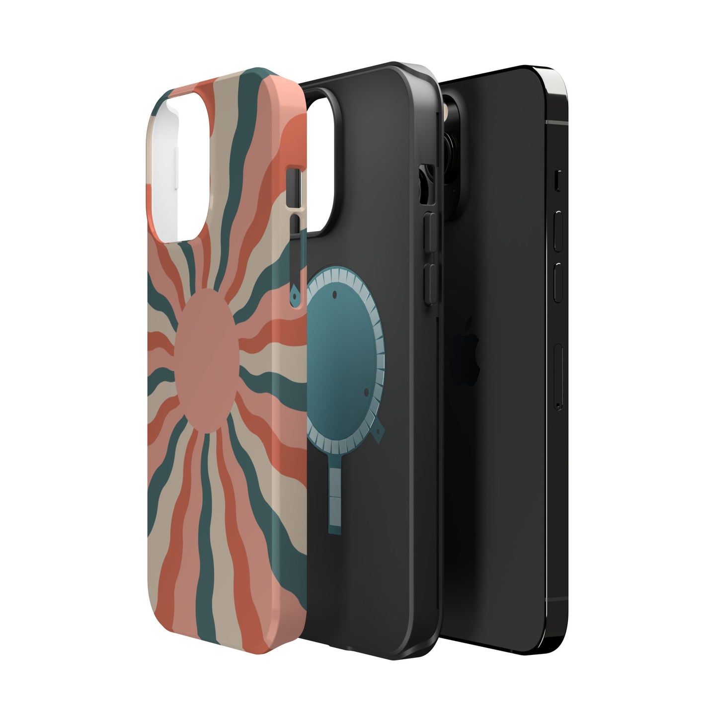 Retro Sunburst MagSafe iPhone Case – Bold 70s-Inspired Waves in Coral, Teal, and Cream