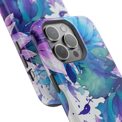 Purple & Teal Watercolor Floral MagSafe iPhone Case - Artistic Flower Design