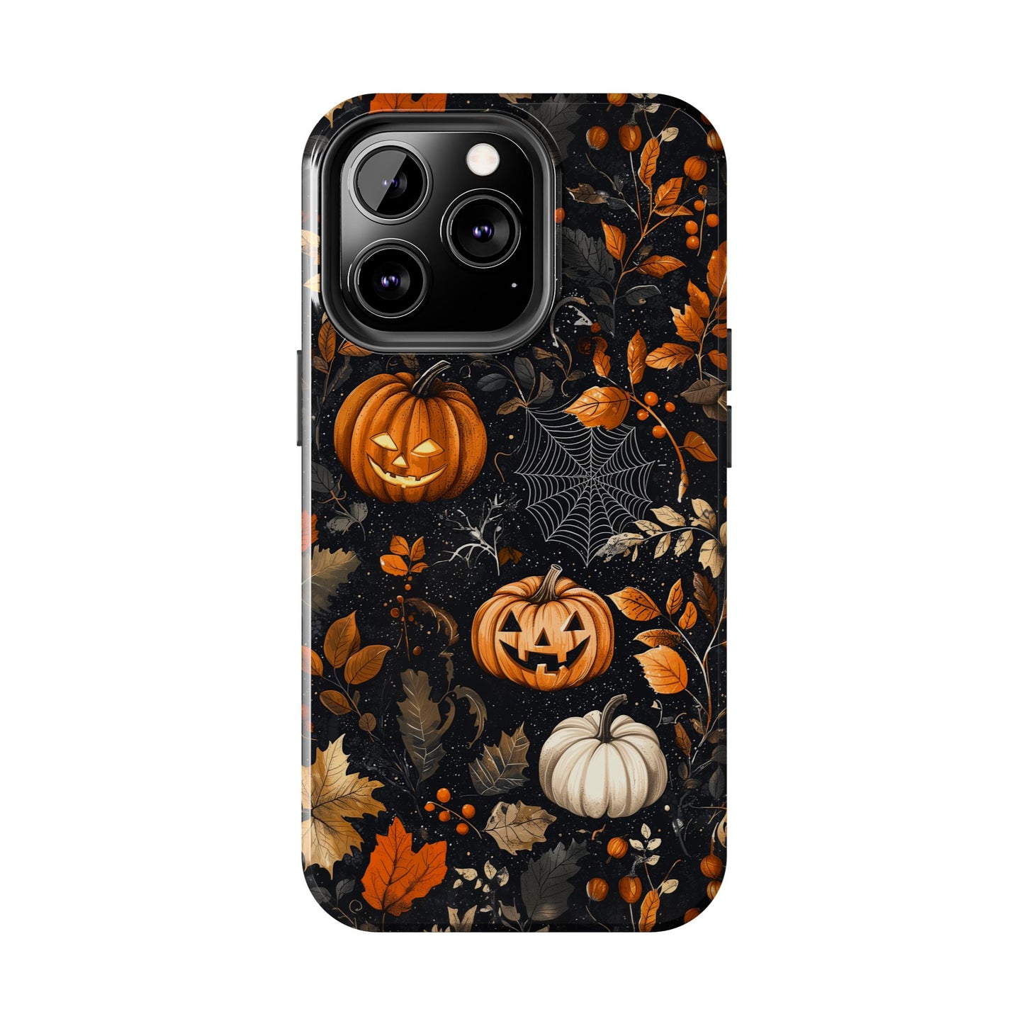 Elegant Halloween iPhone Case – Pumpkin Jack-o'-Lanterns, Cobwebs & Autumn Foliage Design