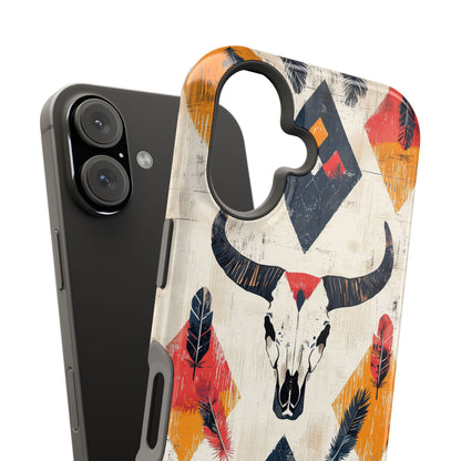 Western Bull Skull & Feathers Tough Mag Safe iPhone Case – Bold Tribal Design, Dual-Layer Protection