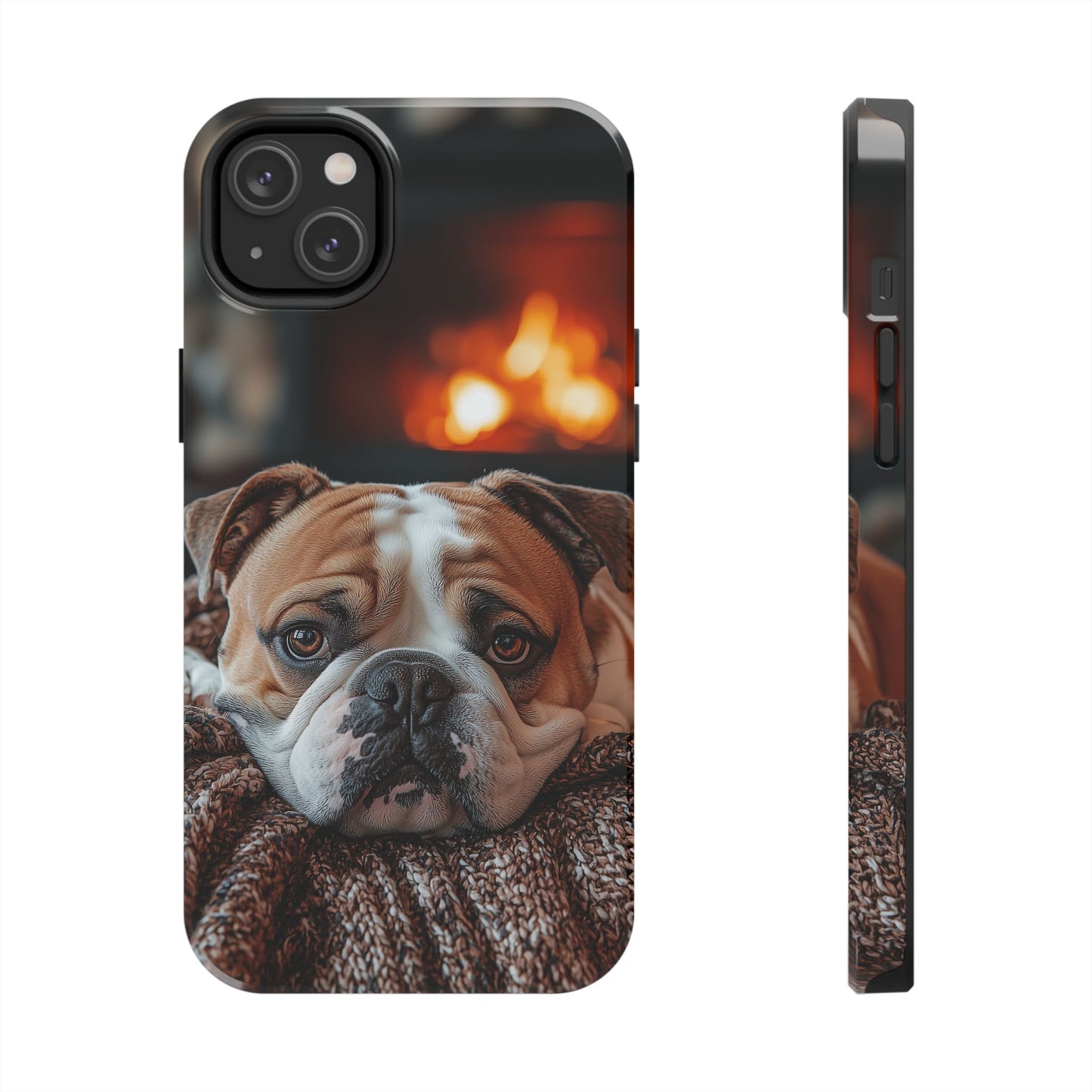 Cozy Bulldog iPhone Case – Fireside-Inspired Protective Cover Description: