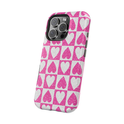 Pink Glitter Heart Checkered Pattern MagSafe Case