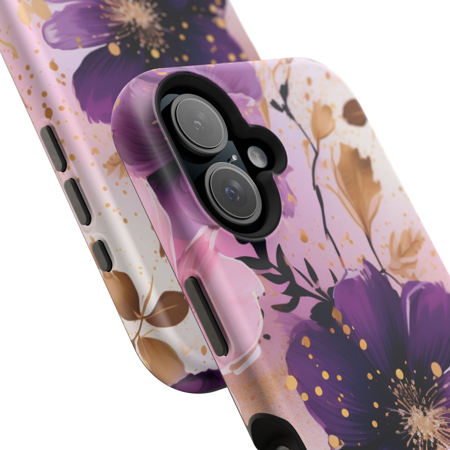 Elegant Purple & Gold Floral MagSafe iPhone Case - Luxe Flower Design