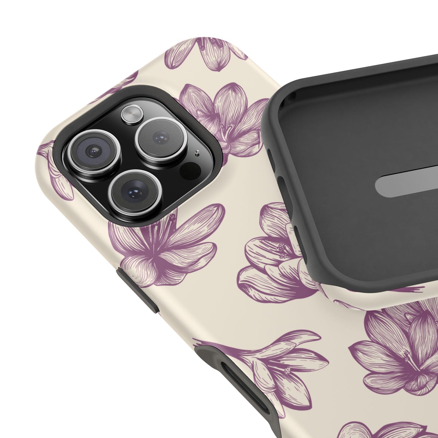 Vintage Botanical Floral Tough MagSafe iPhone Case – Hand-Drawn Purple Flowers, Shockproof Design