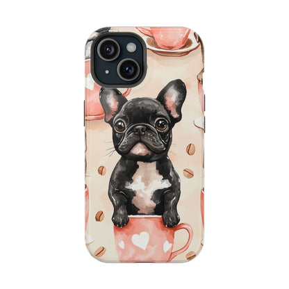 French Bulldogs in Coffee Cup MagSafe iPhone Case – Cute Dog Art, Shockproof & Slim Design